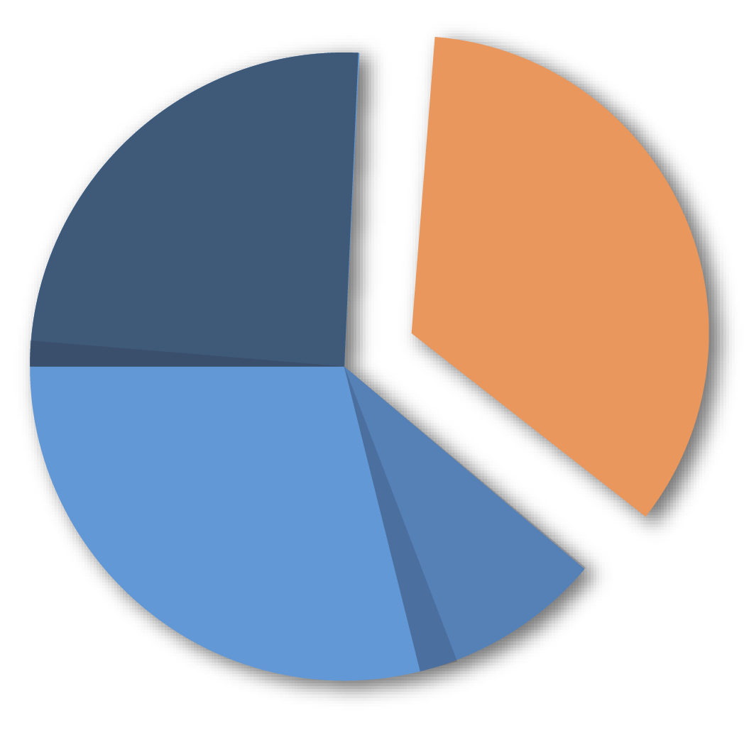 Image shows a broken pie chart. There are five segments on the left all connected in different shades of blue. On the right an orange segment of around a third is detached from the pie chart.