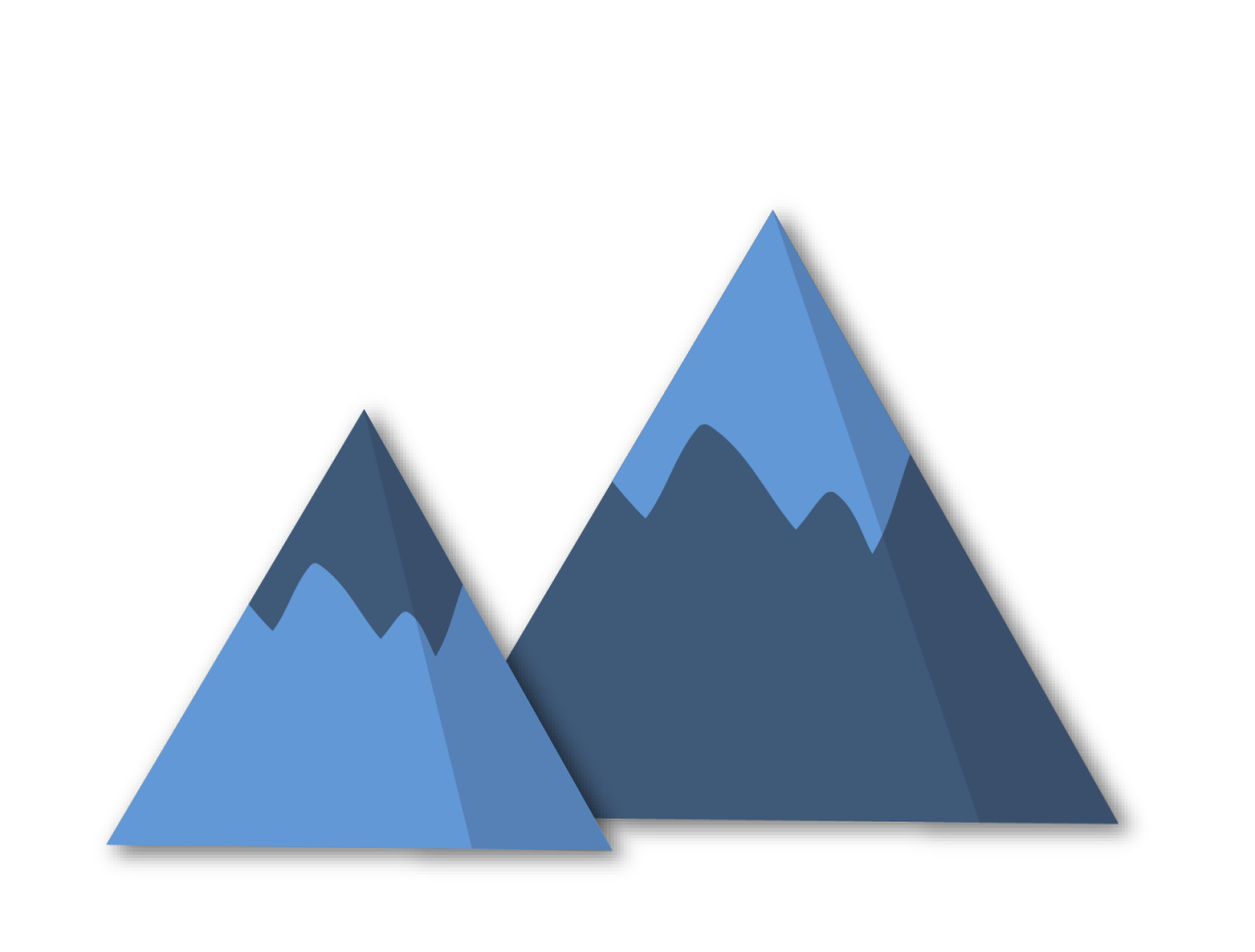 Image shows two mountains, the left is smaller and slightly in front of the other, it has a blue bottom and dark blue top. The right mountain  is larger with a dark blue bottom and blue top. The top and bottom are split jaggedly to represent snow on a mountain top.
