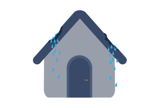 Image shows an icon of a grey house which has a dark blue door with an orange handle. The roof is dark blue and has indents on both sides which have small patches of water and raindrops falling from them. The image represents a leaking roof.