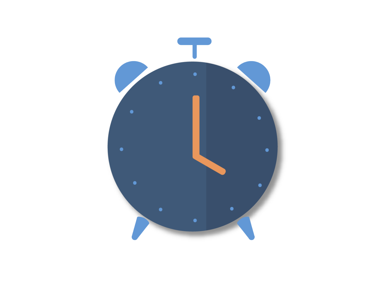 Image shows an alarm clock with a dark blue face, light blue bells and legs and small dots to represent the hours. The hands are orange and read 4 o'clock. The alarm clock represents time until retirement. 