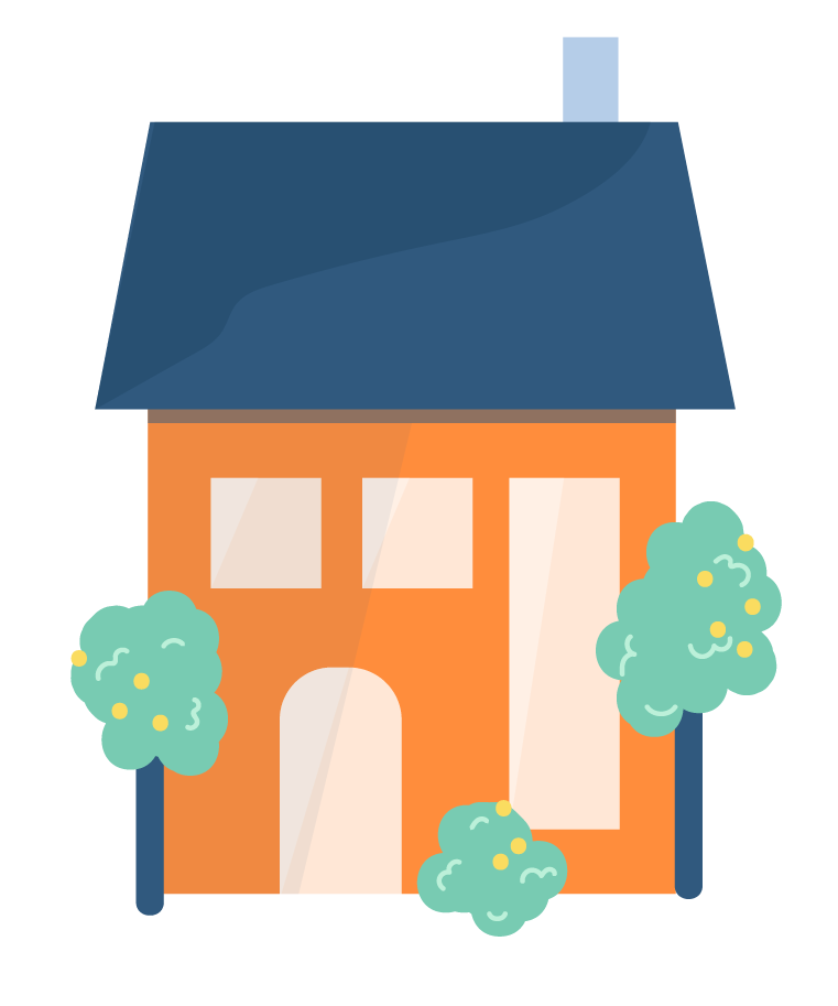 Image shows a house. The main body of the house is orange, there is a cream coloured doorway and two square windows above it with a long rectangular window to the right. There are three green bushes with small orange dots to represent flowers, one bush either side of the house and one at the bottom in front of it. The roof is dark blue and the chimney is light blue. 