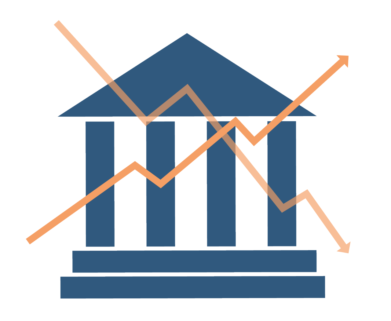 Image shows a blue icon that resembles the Bank of England building. Across the building are two orange lines with rises and dips. One goes from the top left down towards bottom right, the other goes from bottom left up towards top right. At the end of each line is an arrow indicating its direction. The lines represent levels of inflation and that it can rise and fall.