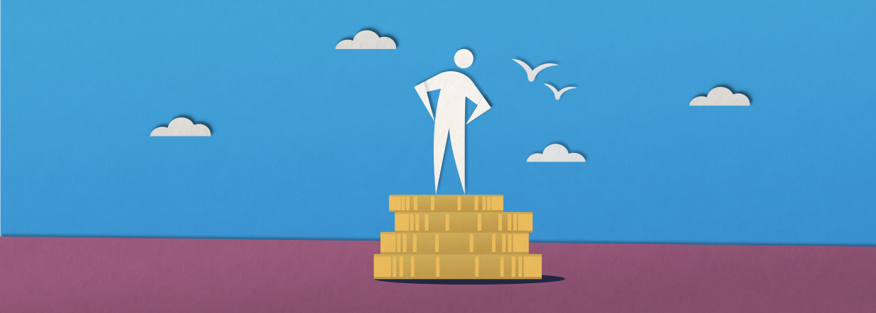 Image shows a stick figure standing on a stack of four coins with their hands on their hips. There are clouds and birds in the background with a blue sky and purple floor.