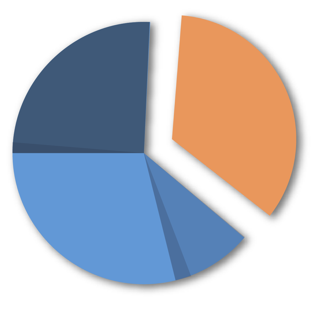 Image shows a broken pie chart. There are five segments on the left all connected in different shades of blue. On the right an orange segment of around a third is detached from the pie chart.