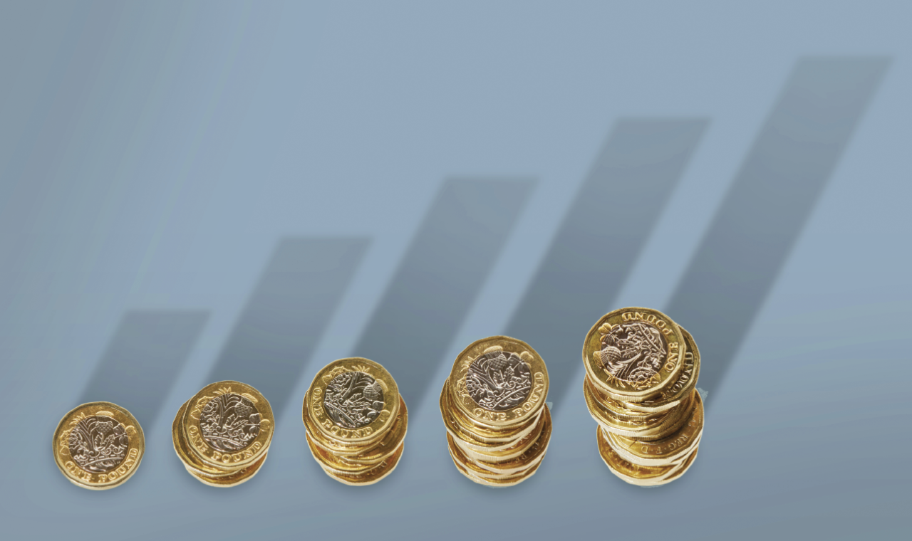 Image shows a photo of five stacks of coins made up of £1 coins on a blue background. Each stack is ascending is size with the left stack containing one coin and the furthest right stack containing nine coins. Each stack has a shadow behind it in the shape of bars resembling a bar graph with the bars increasing in size from left to right.