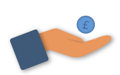 Image shows a blue shirt cuff with someone's right hand cupped and a blue coin with the £ symbol inside floating above the hand.
