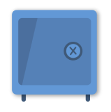 Image shows a square blue safe on dark blue legs and a circular handle with a dark blue 'x' inside representing the choice between borrowing and saving.