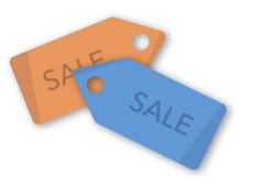Image shows two overlapping sale tags. The tag underneath is orange and the one on top is blue. Both contain the word 'sale' in the middle in grey.