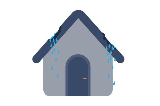 Image shows an icon of a grey house which has a dark blue door with an orange handle. The roof is dark blue and has indents on both sides which have small patches of water and raindrops falling from them. The image represents a leaking roof.
