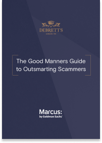 Front cover of the Debrett's guide in navy blue, showing the Debrett's logo in gold at the top and the Marcus logo in white at the bottom. Title reads The Good Manners Guide to Outsmarting Scammers in white across the middle.