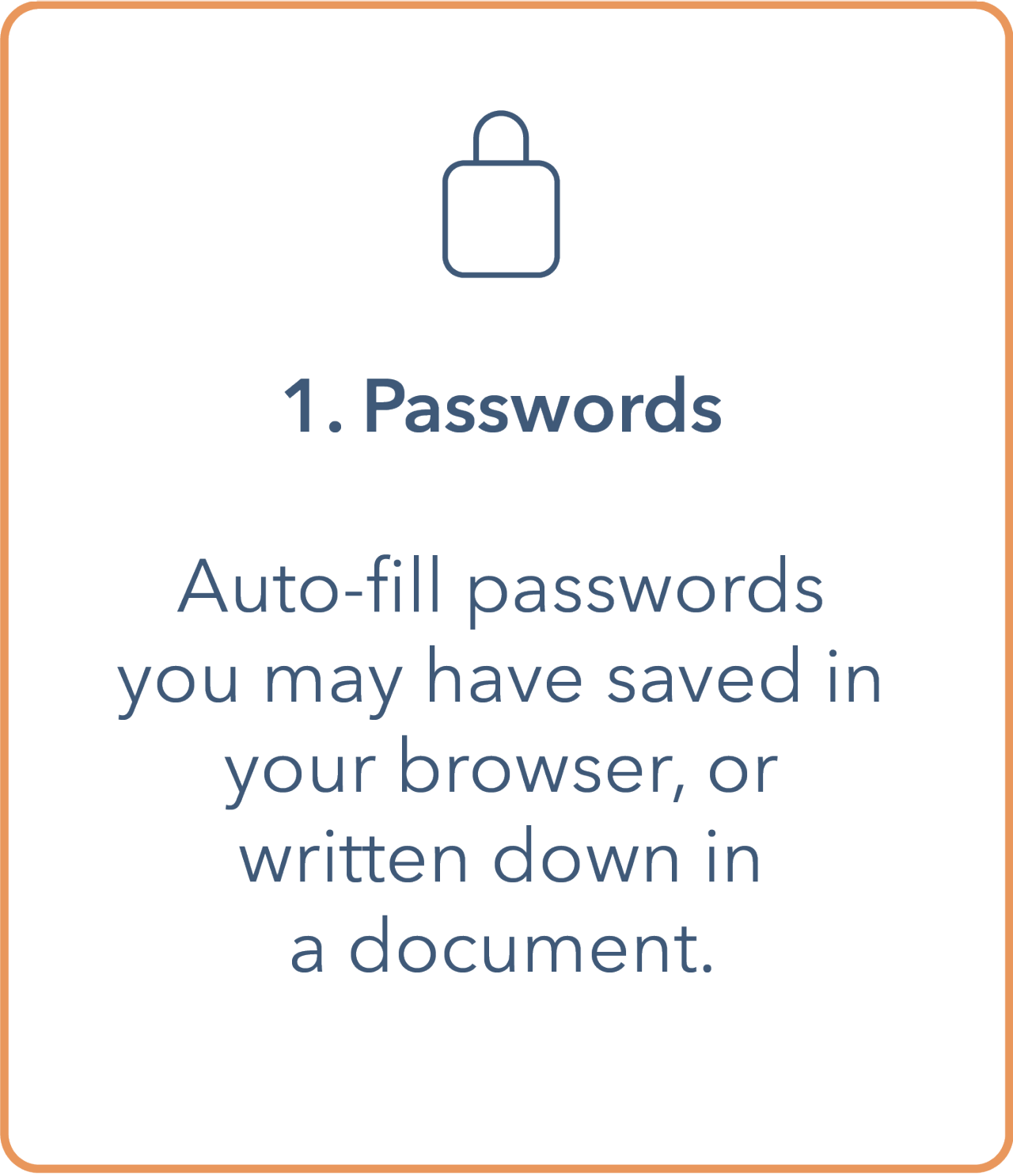 Image shows a tile with an outline of a padlock at the top. Underneath a bullet point contains  '1. Passwords'. The main body contains 'auto-fill passwords you may have saved in your browser, or written down in a document.' Tile has an orange outline border and text is in dark blue.