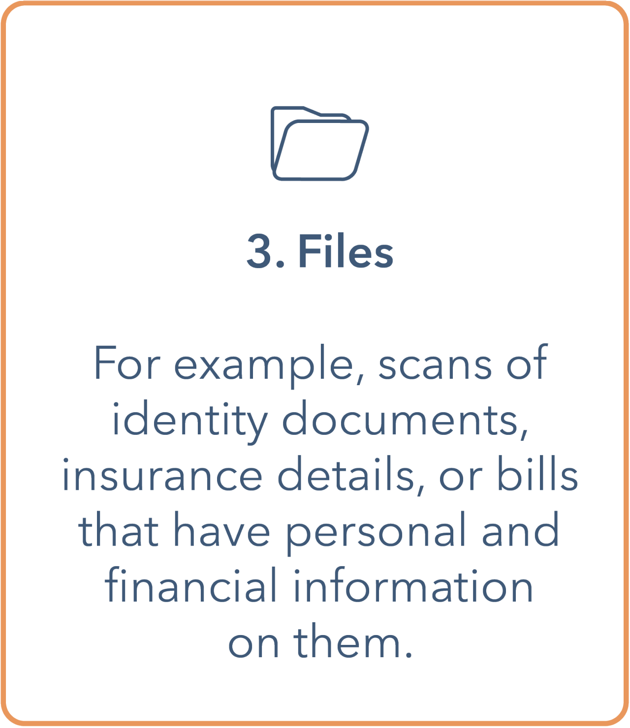 Image shows a tile with an outline of a file at the top. Underneath is a bullet point containing '3. Files'. The main body contains 'for example, scans of identity documents, insurance details, or bills that have personal and financial information on them. Tile has an orange outline border and text is in dark blue.