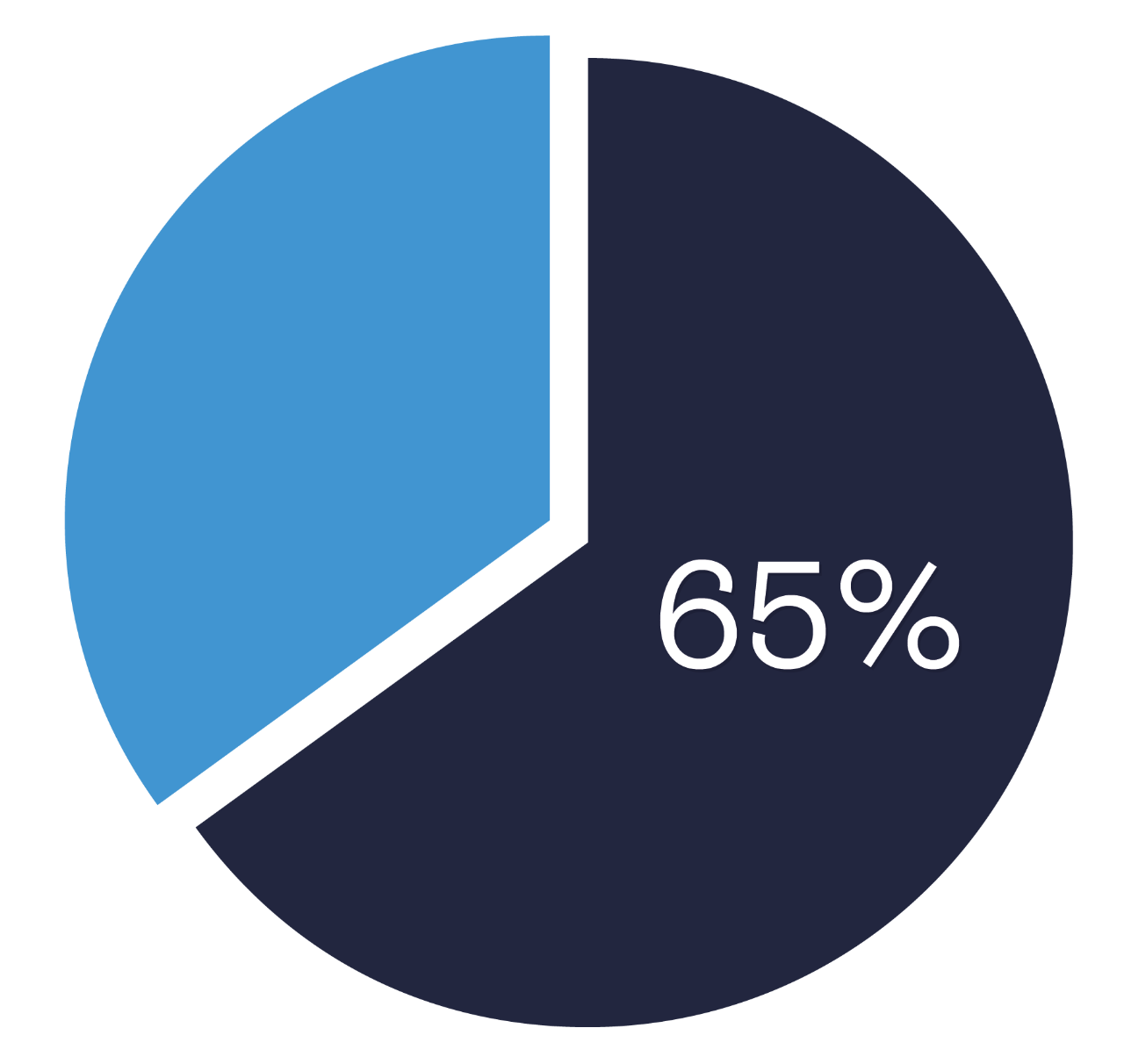 Image shows a pie chart with two sections, the left section is in light blue and a smaller segment. The right section is in dark blue and the larger segment, within this segment is white text that reads 65%.