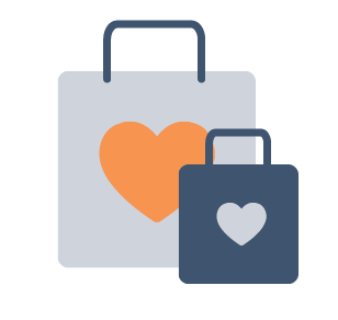 Image shows two overlapped shopping bags. The larger left bag is underneath with a light blue background, dark blue handle and orange heart. The right bag is smaller and overlaps on top with a dark blue background and handle and a light blue heart in the middle. The image represents ethical spending.