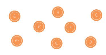 Image shows eight orange scattered coins in various positions. Each coin has a £ symbol in the middle.
